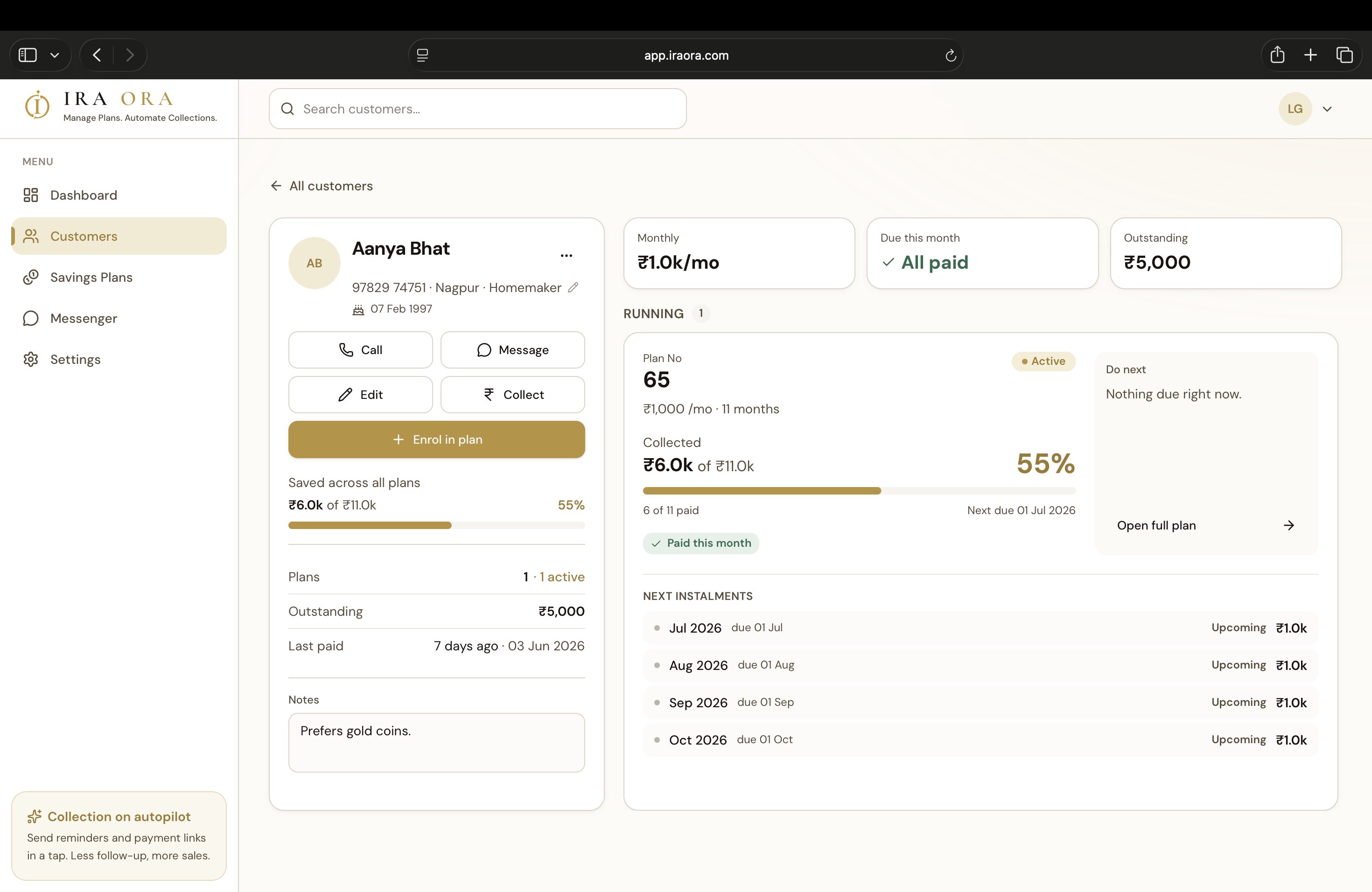 IRA ORA customer profile — plan progress at 55%, amount collected, the next instalments due, and one-tap Call, Message and Collect actions