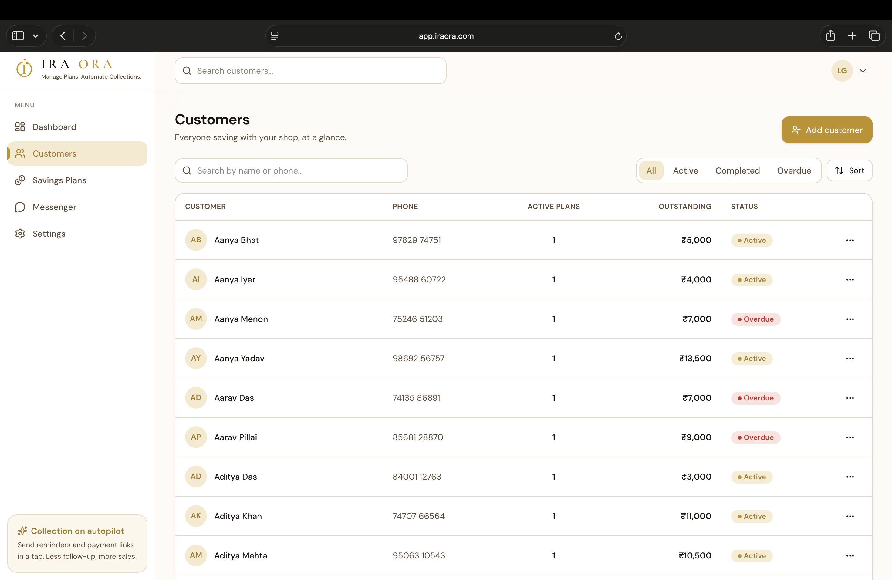 IRA ORA customers list — every saver with their phone, active plans, outstanding balance and Active/Overdue status, searchable and sortable