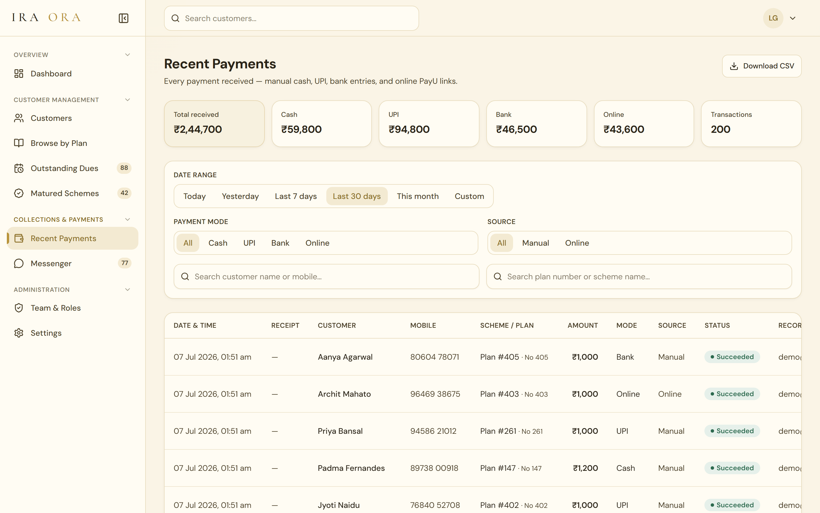 IRA ORA Recent Payments — every payment received split by cash, UPI, bank and online, with date-range and mode filters, statuses and CSV export